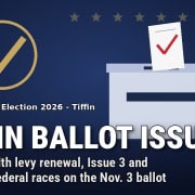 Fostoria Free Press illustration: a ballot box with a check mark on a navy background with the words Tiffin Ballot Issues